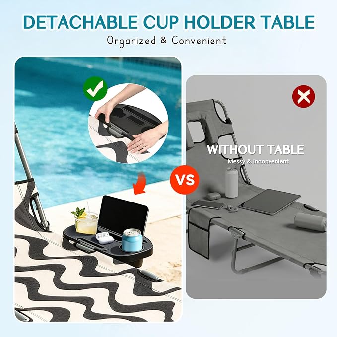 Tanning Chair with Face Hole for Adults, Outdoor Folding Lounge Chair with Canopy and Side Table for Phone Drink Tablet, 4 Position Adjustable Backrest, Lay Flat Chaise Lounger for Beach Patio Pool