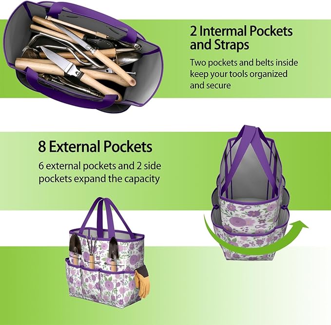 Daisy Flowers Garden Tool Bag - Waterproof Garden Tote with 8 Pockets, Large Storage Home Organizer Gardening Tool Oxford Bag for Garden Tools Kits Holder, Ideal Outdoor Gardening Gift for Women & Men