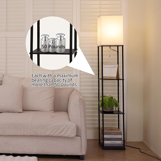 Floor Lamp with Shelves, Modern Square Standing Lamp with 3 Color Temperature Bulb, Corner Display Bookshelf Lamp for Living Room, Bedroom and Office (Black)