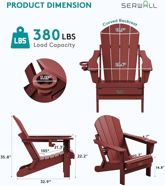 SERWALL Folding Adirondack Chair Set of 6 Weather Resistant Lawn Chairs with Cup Holder for Patio - Red