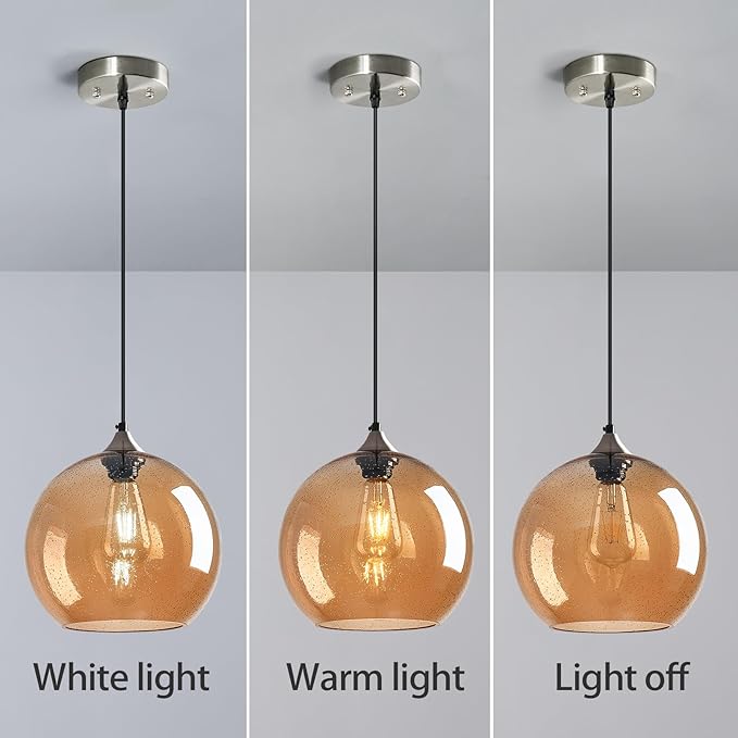 Amber Glass Pendant Lights Kitchen Island Globe Pendant Light Fixtures Modern Pendant Lighting for Bedroom Living Dining Room Light Fixture (9.84 in, 2 Pack)