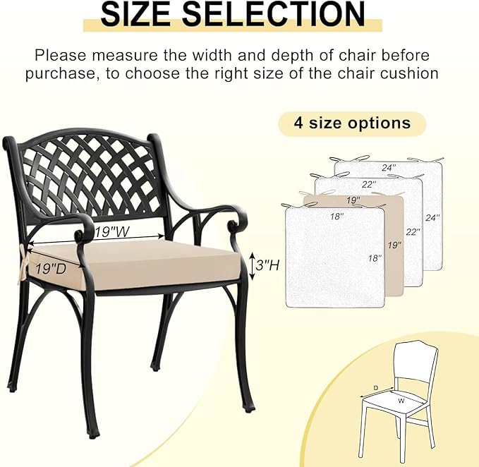 downluxe Waterproof Outdoor Chair Cushions Set of 4, 19" x 19" x 3" Patio Chair Cushion with Non-Slip Ties & Handle, Square Outdoor Cushion for Patio Furniture with Removable Cover, Beige