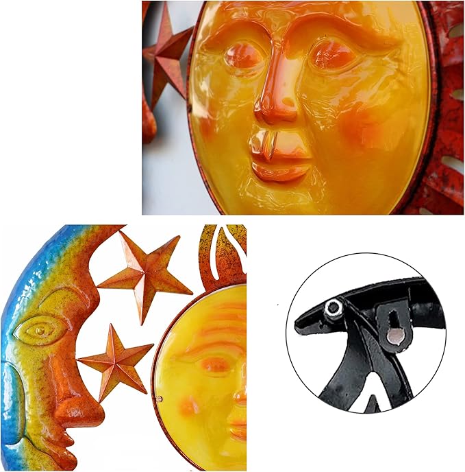 Large 19 Inch Metal Sun Moon Star Wall Art Decor, Bright Color Inspirational Valentine, Resistant to Rust Metal Sculpture Hanging for Indoor Outdoor Home Living Room Office Yard Garden