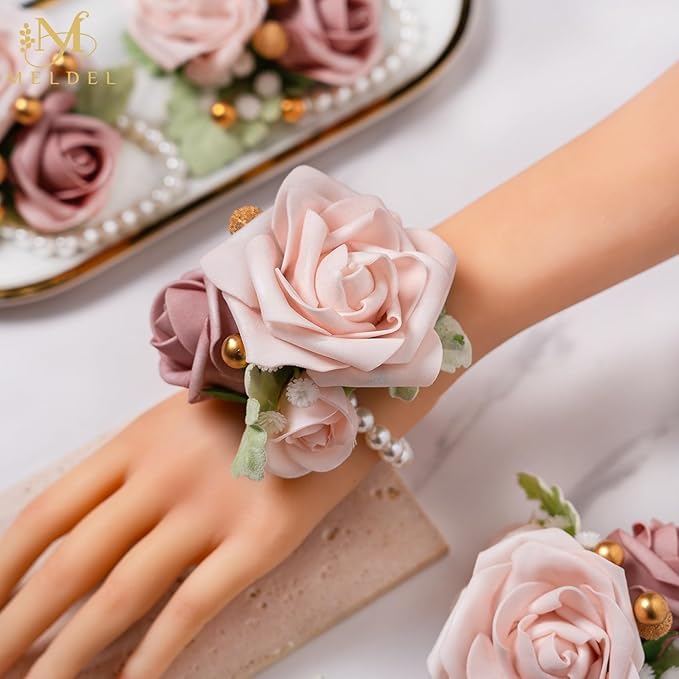 Meldel Dusty Pink Wrist Corsage,Set of 6, Homecoming Wrist Flower Girl/Mother Corsages Wristlet Perfect for Bride Bridesmaids Wedding Guests Hand Flower, Proms, Party, Ceremony Anniversary