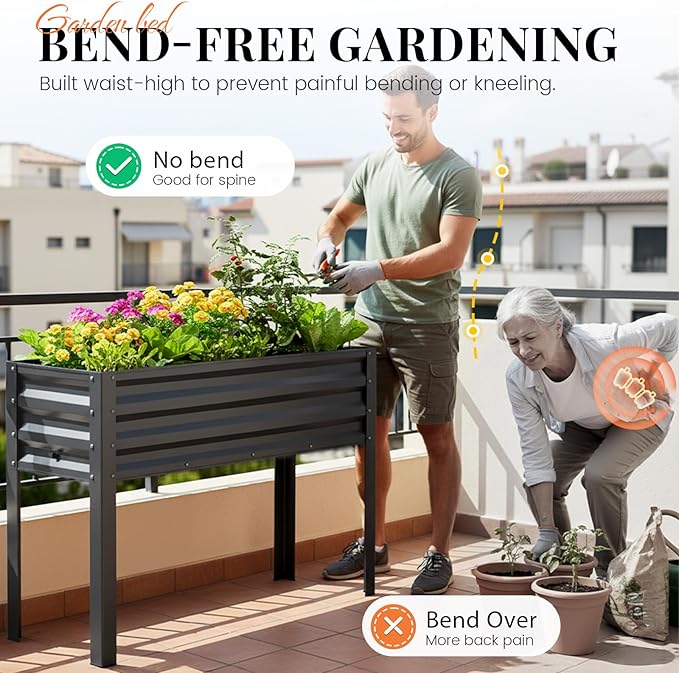 KING BIRD Raised Garden Bed with Legs & Water Storage Tank Galvanized Elevated Planter Box 48×17×31.5 in for Backyard, Patio, Balcony, 300lb Capacity, Dark Grey