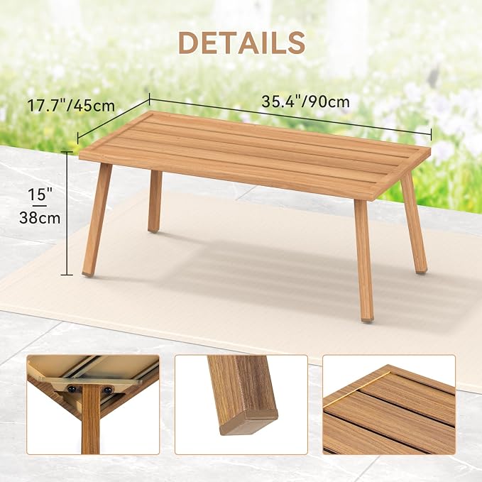 C-Hopetree Small Metal Outdoor Coffee Side Table for Outside Patio, Rectangle, Wood Look