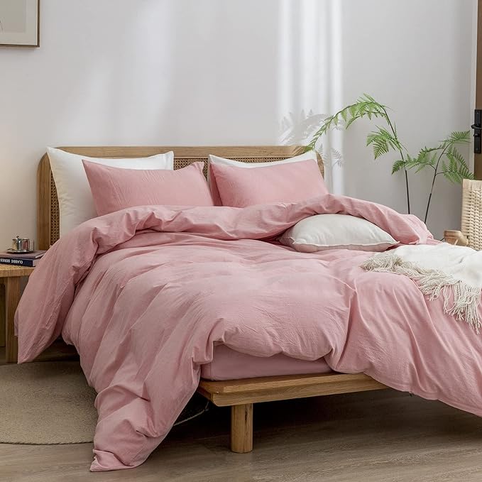BESTOUCH Duvet Cover Set 100% Washed Cotton Linen Feel Super Soft Comfortable Chic Lightweight 2 PCs Home Bedding Set Solid Red Pink Twin/Twin XL