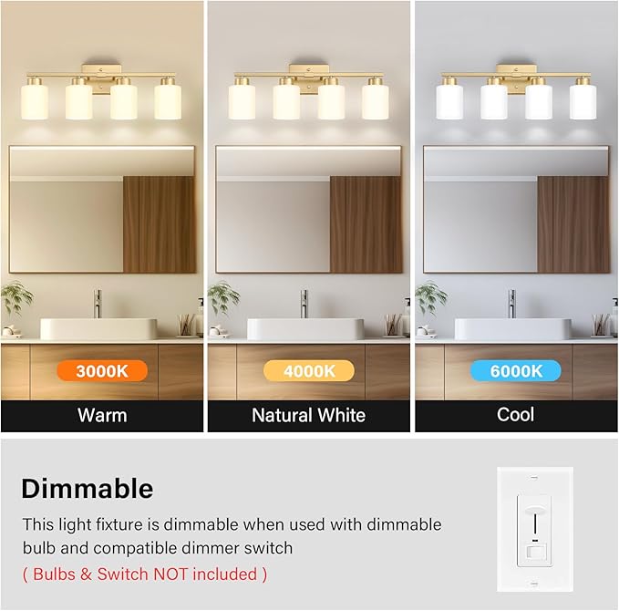 FonmYim Gold Bathroom Light Fixtures, 4-Light Modern Vanity Light Over Mirror