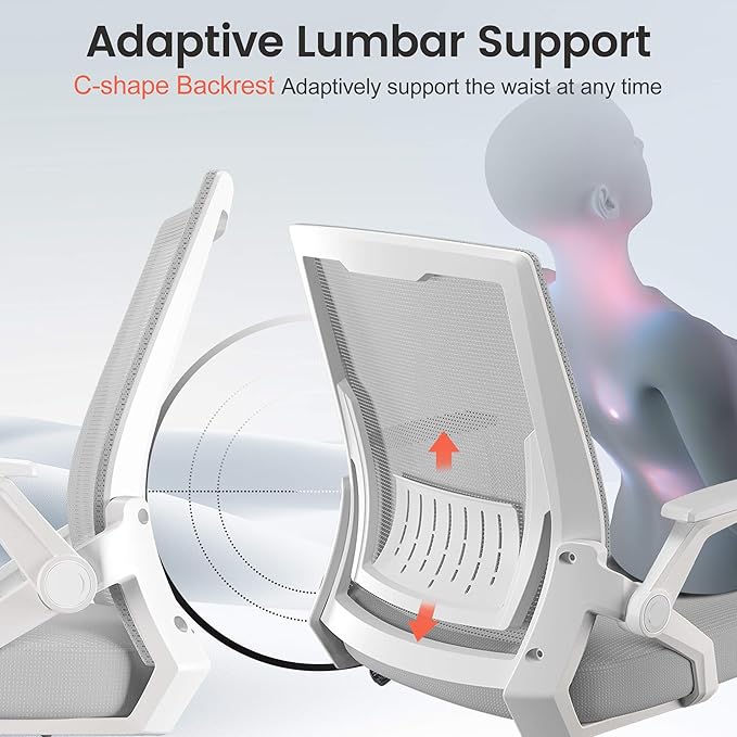 GTPLAYER Ergonomic Office Chair with Flip-up Armrests Executive Computer Chair for Home Office, Breathable Mesh & Comfy Lumbar Support, Wide Seat Gray