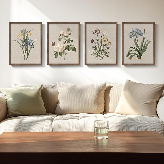 Framed Vintage Botanical Wall Art, 4 Piece Rustic Floral Painting Canvas Prints