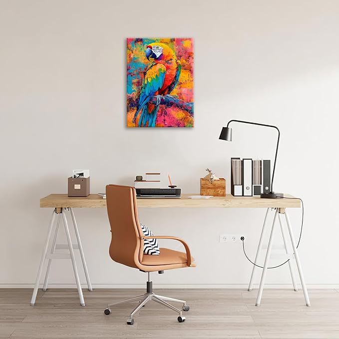 Parrot Wall Art, Graffiti Parrot Pictures Wall Decor, Colorful Birds Canvas Prints, Banksy Animal Painting, Framed Artwork for Bathroom Living Room Bedroom Office Dining Room 20"X16"