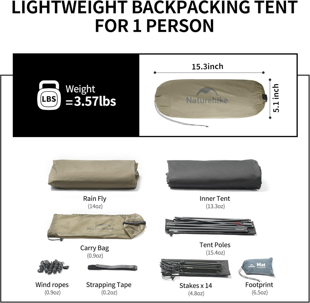 Naturehike Cloud-Up 1 Person Tent, Lightweight Backpacking Tents for One Man, Waterproof Ultralight One Person Tent for Camping Hiking Backpacking