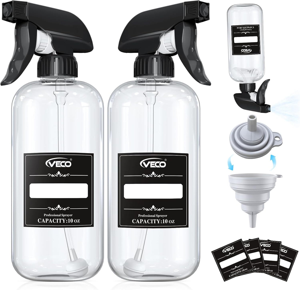 Veco 10oz Spray Bottle with Adjustable Nozzle, 360° Water Spray Bottles for Cleaning Solution, Plastic Spray Bottles for Hair Cooking Plant Pet, No Leak and Clog (2 Pack & Foldable Funnel)