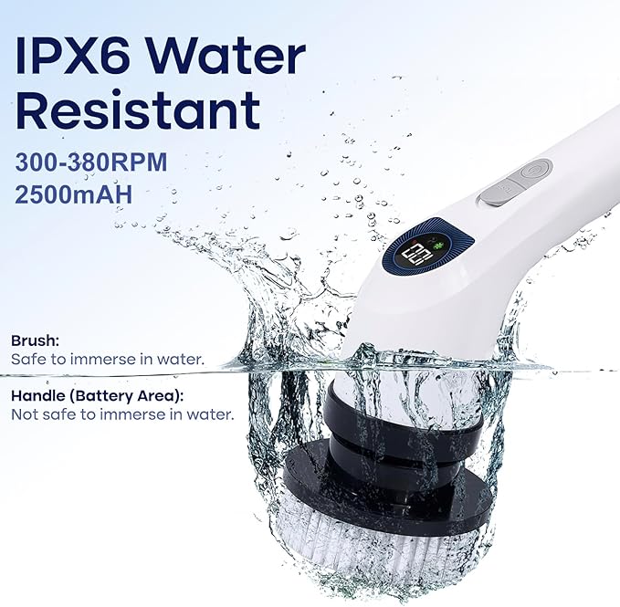 Electric Spin Scrubber for Cleaning, Adjustable Shower Brush with 7 Replaceable Heads & Power LED Display, 2 Speed Waterproof Cordless Shower Scrubber for Bathtub, Kitchen, Car, White