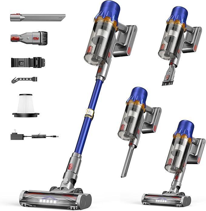 Cordless Vacuum Cleaner - Powerful Stick Vacuum with HEPA Filter, 55-Min Runtime, LED Light, Anti-Tangle Brush, Detachable Battery, Lightweight for Home, Pet Hair, Carpets & Hard Floors