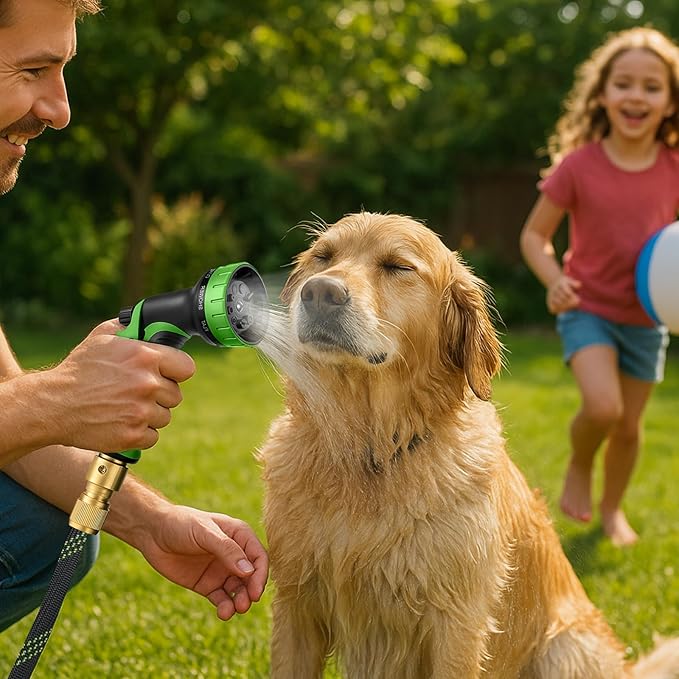 Non-Expandable Garden Hose 100FT – Heavy Duty No-Kink Flexible Water Hose with 10-Function Spray Nozzle, Solid Brass Fittings, Leakproof Design, Hanger & Washers – for Outdoor Use