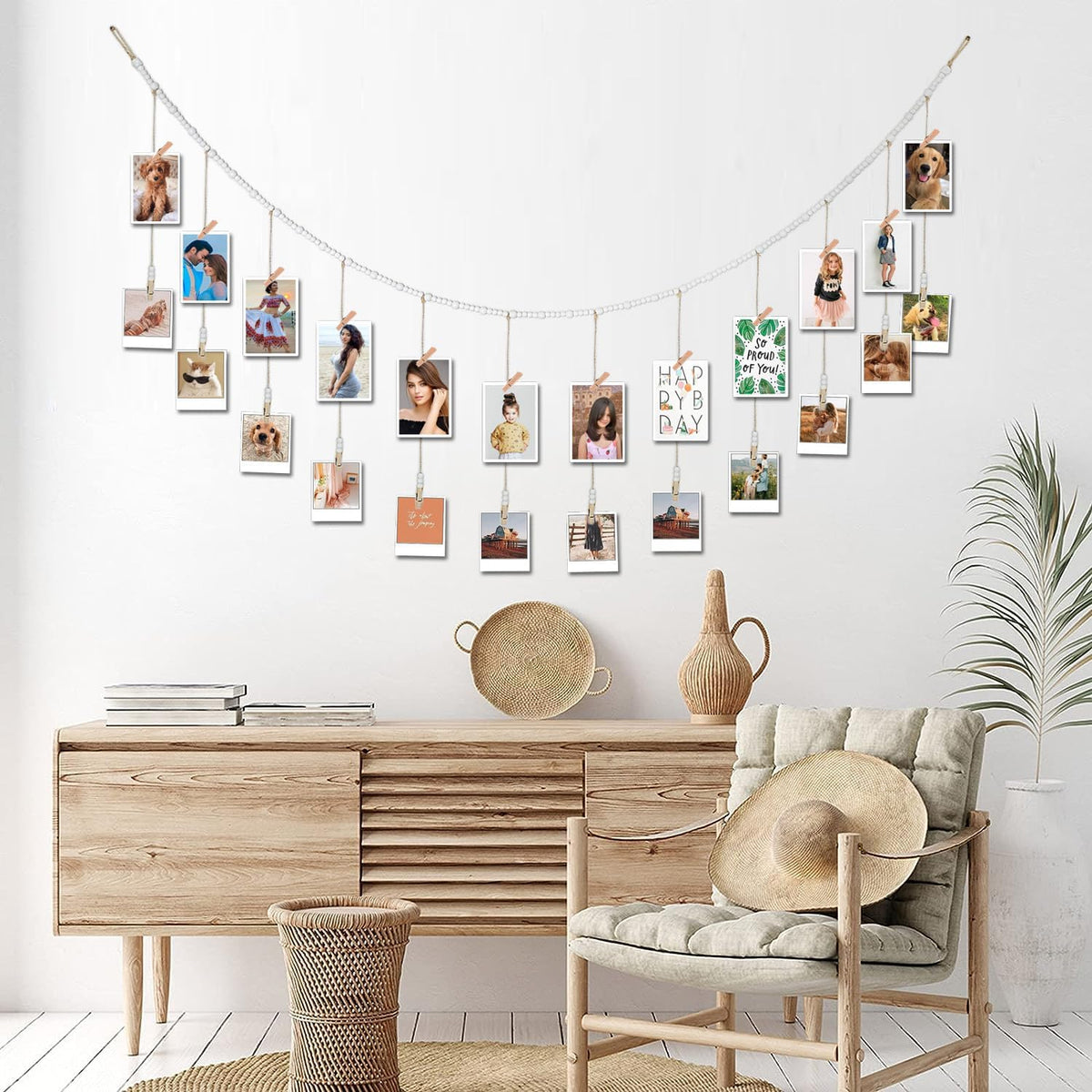 6 Feet Wooden Beads Garland with Clothespins Picture Cards Holder - Country Farmhouse Christmas Nursery Boho Holiday Decorations with Clips