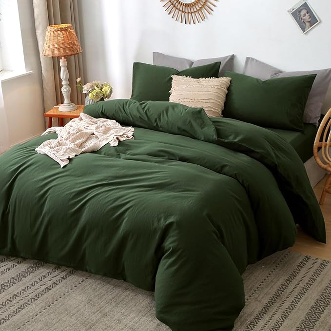 MooMee Bedding Duvet Cover Set 100% Washed Cotton Linen Like Textured Breathable Durable Soft Comfy (Solid Forest Green, Super King Plus 120"x120")