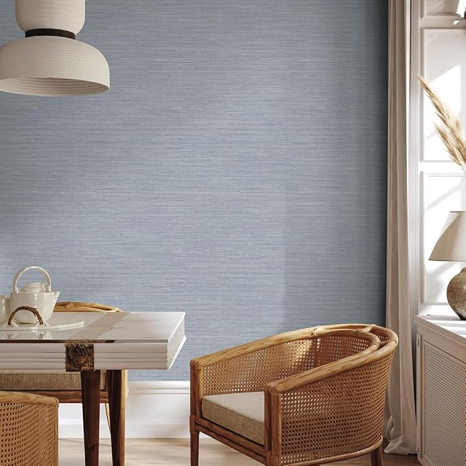 Tempaper Textured Powder Blue Horizontal Faux Grasscloth Removable Peel and