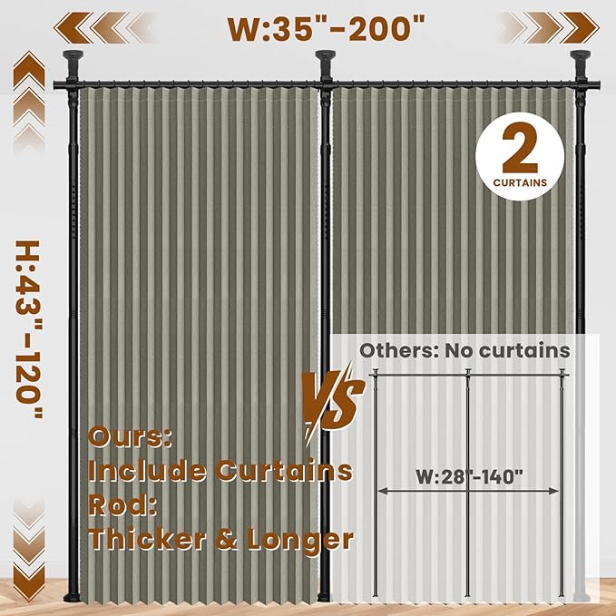 100% Blackout Room Divider Curtains Sets Grey W100 x L96 in 2 Panels No Drill
