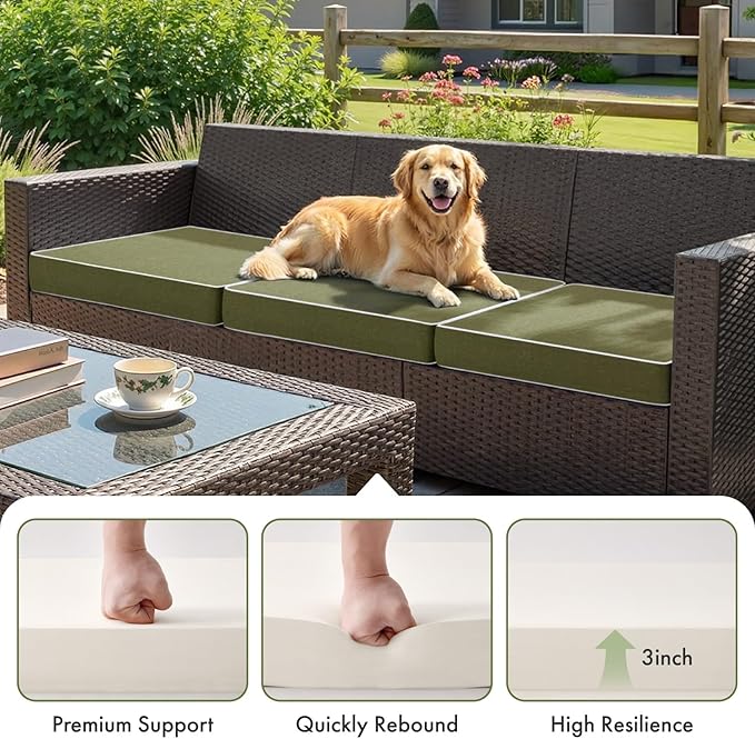 MIULEE Green Outdoor Chair Cushions Set of 2, 22x22x3 Inch Waterproof Patio Seat Cushions for Outdoor Furniture Couch Sofa, 3 Year Color Fastness High Density Foam with Adjustable Ties