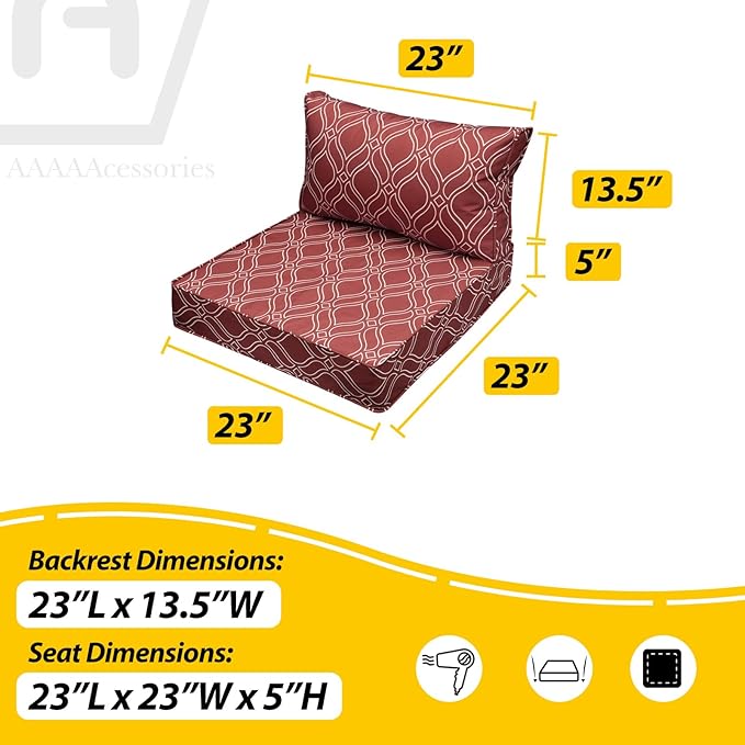 AAAAAcessories Outdoor Seat Cushions for Chairs, Fade-Resistant, Waterproof Patio Furniture Replacement Cushions, 23" x 23" x 5" + 23" x 13.5", Clay Red Vine Trellis