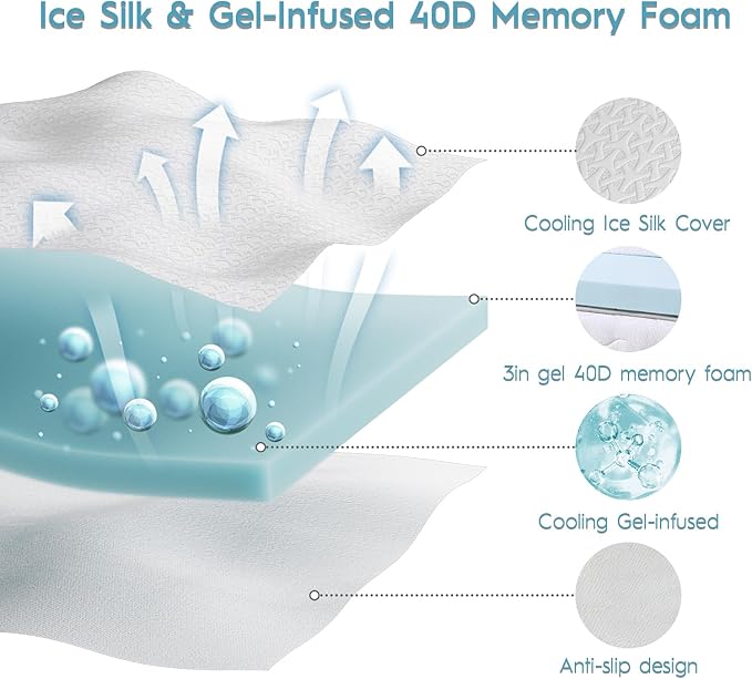 3 Inch Cooling Mattress Topper Twin XL, Ice Silk with Gel-Infused 40D Memory Foam Bed Topper Pad with Removable Soft Cover, Pressure Relief & Non-Slip (White, Twin XL)