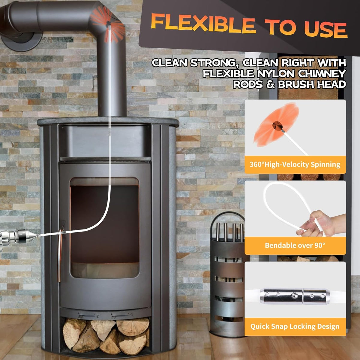 39 Feet Chimney Sweep Kit, Chimney Cleaning Kit with 12 Flexible White Chimney Rods, Chimney Brush for Sweeping Fireplace, Rotary Chimney Cleaning System Driven by Drill