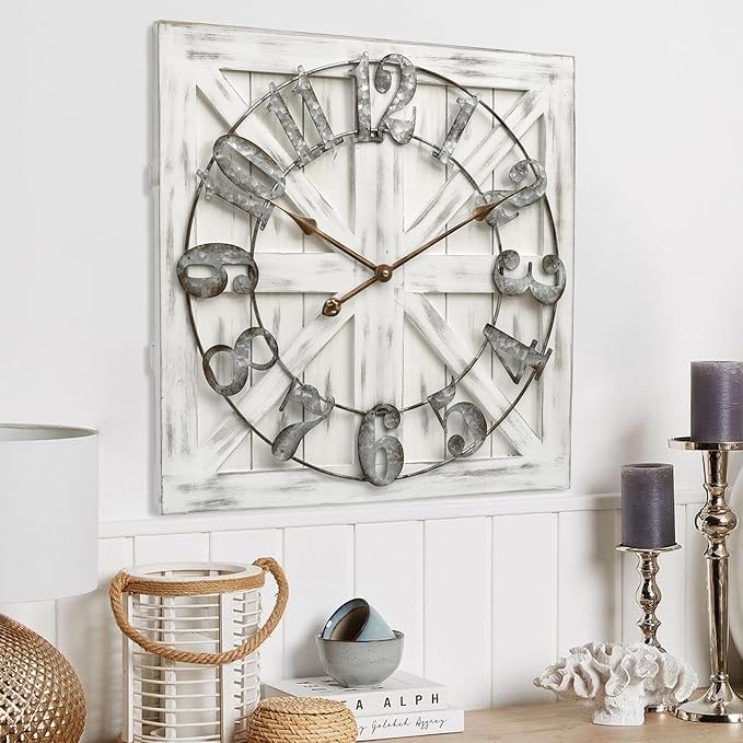 EMAX HOME Large Farmhouse Wall Clock – 24 Inch White Square Rustic Wooden Clock