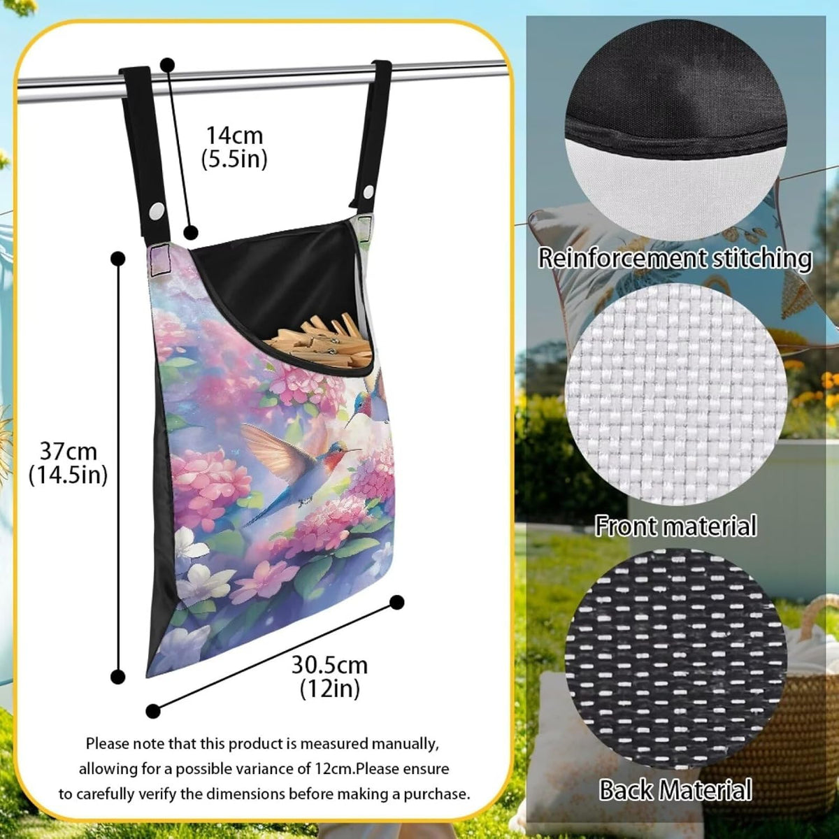 Hummingbird and Flower Clothes Pin Hanging Bag with Hanging Rope for Clothes Pins and Clothespins - Heavy Duty Outdoor Use 14.5 X 12 Inch Clothespin Bag