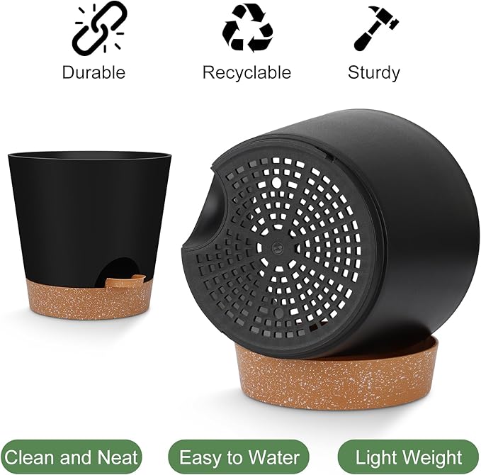 YNNICO Indoor Self Watering Planters with Drainage Holes and Saucers, 8, 7, 6.5, 6, 5.5, 5 Inches, Black, 6 Pots