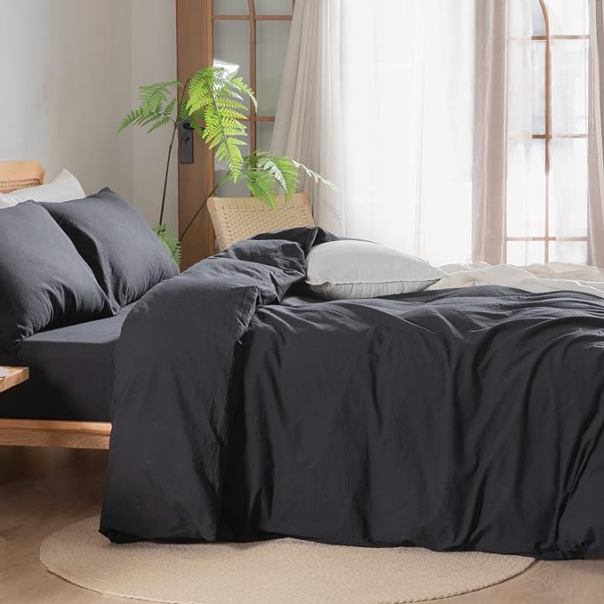 BESTOUCH Duvet Cover Set 100% Washed Cotton Linen Feel Super Soft Comfortable Chic Lightweight 3 PCs Home Bedding Set Solid Deep Black Super King Plus