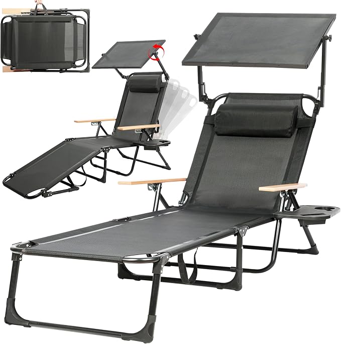 Outdoor Chaise Lounge Chair with 4-Position Adjustable Backrest,Patio Folding Sun Tanning Chair,Pillow & Cup Holder,Portable Recliner Sunbathing Lounger Chairs for Beach Garden (Black with Shade)