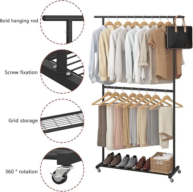 Sywhitta Double Rod Clothing Garment Rack, Rolling Coat Hanger with Bottom Mesh, Clothing Rack for Hanging Clothes, Coats, Skirts, Sweaters, Black