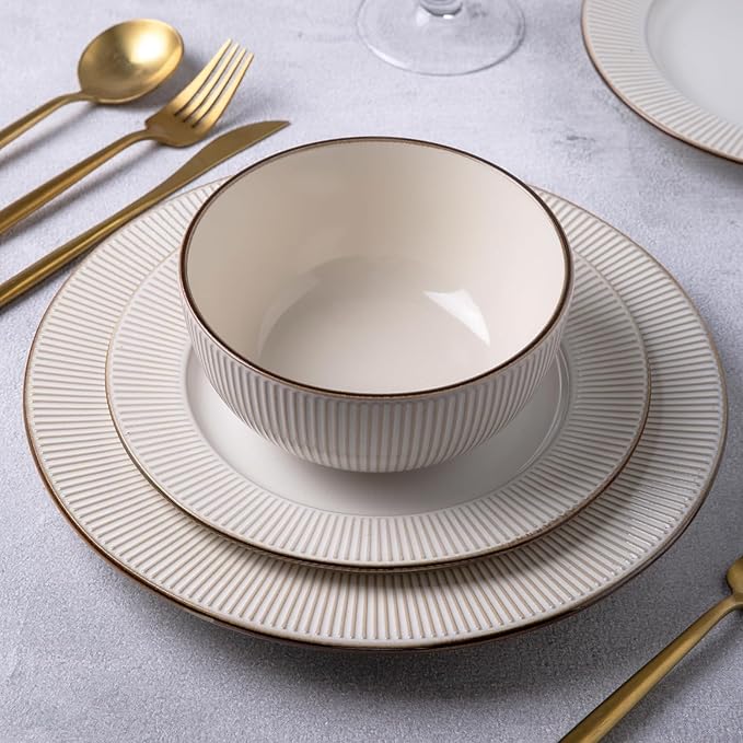 GBHOME Ceramic Dinnerware Sets,12 pcs Embossed Elegant Stoneware Plates and Bowls Sets, Housewarming Wedding Gift | Dishwasher & Microwave Safe | Dishes Set Service for 4