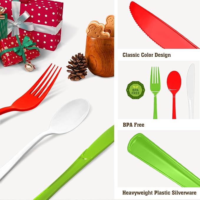 153 Pcs Christmas Plastic Silverware Heavy Duty Disposable Tableware Sets Includes Spoons Forks Knives for Christmas Party Supplies (Red, Bright Green, White)