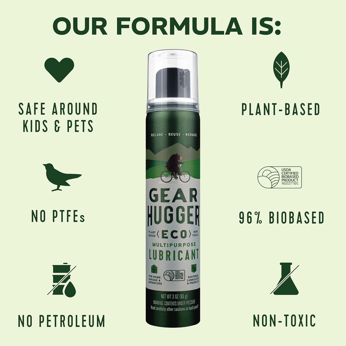 Gear Hugger Multipurpose Lubricant - Eco-Friendly (3 oz, Pack of 6), Rust Remover - Garage Door Lubricant Spray, Door Hinge Lubricant & Lock Lubricant - Plant-Based, No Petroleum, No PTFE
