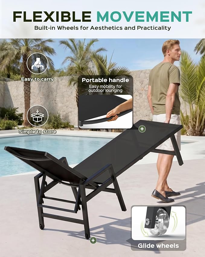 Vexwalx Patio Chaise Lounge Chair Outdoor with Wheels&Armrests, Aluminum Pool Lounge Chairs 5-Position Adjustable Recliner, Outdoor Beach Lounge Chairs for Outside, Patio, Deck, Yard, Black