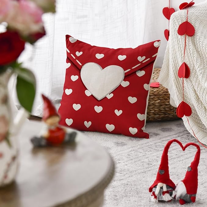 AVOIN colorlife Valentine's Day Envelope Throw Pillow Cover, 18 x 18 Inch Red Heart Red Anniversary Wedding Cushion Case Decoration for Sofa Couch