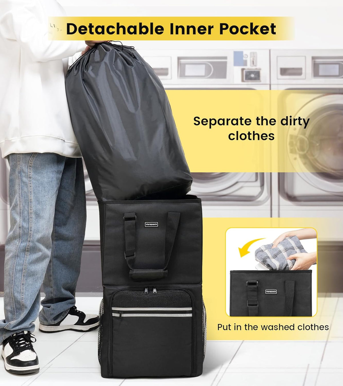 Vorspack Laundry Bag Backpack - Extra Large Heavy-Duty Laundry Hamper with Shoulder Straps | Black