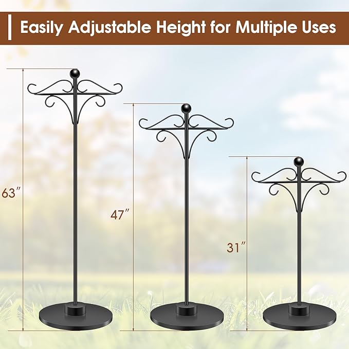Adjustable Double Shepherd's Hook, 34-63 Inch Black Iron Stand for Indoor/Outdoor Use – Ideal for Hummingbird Feeders, Hanging Plants, Lanterns, Wind Chime