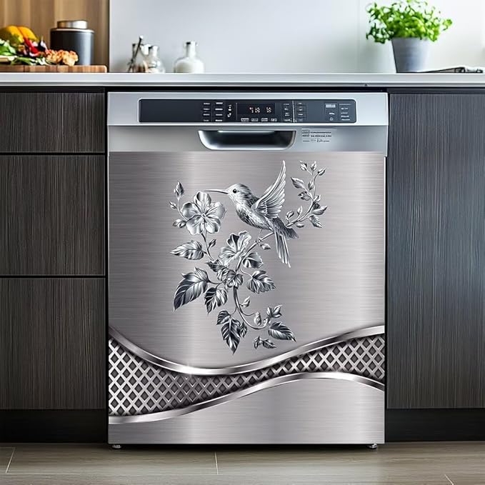 Magnetic Dishwasher Stickers Cover for Front Door,Brushed Silver Stainless Steel Design Bird and Flower Pattern Refrigerator Magnetic Cover Kitchen Decor,Home Appliance Vinyl Sticker 23W x 26H inchs