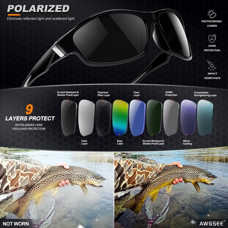 AWGSEE Polarized Sports Sunglasses for Men, UV400 Protection Lightweight Wrap Around Sun Glasses for Cycling Fishing Driving