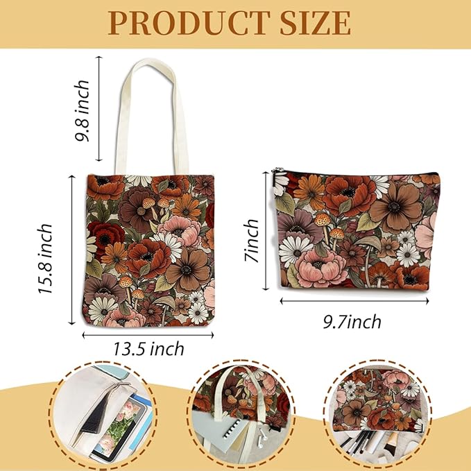 Flower Plant Lover Gifts for Women Canvas Tote Bag with Makeup Bag Cosmetic Bags Grocery Bags for Shopping Christmas