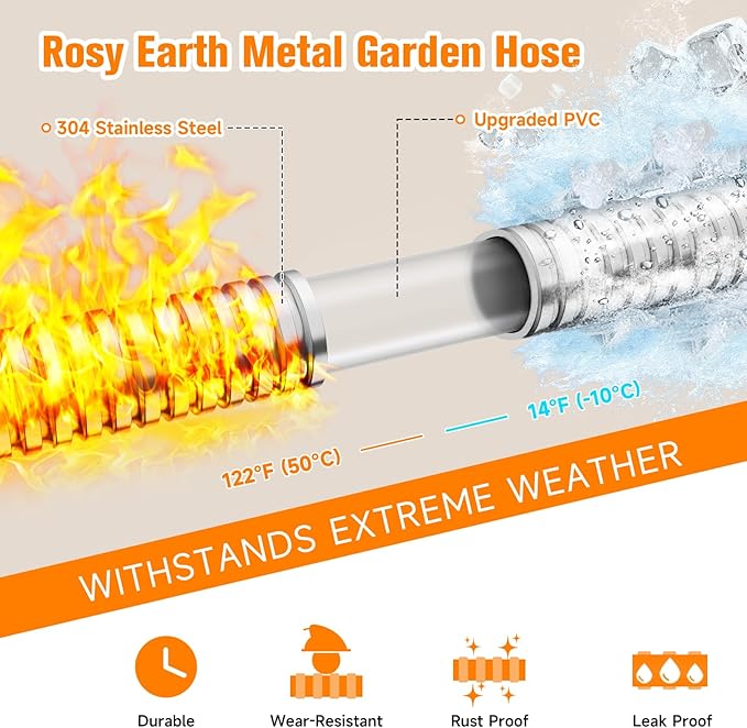 Rosy Earth Garden Hose 5 FT, 304 Stainless Steel Metal Water Hose, Heavy Duty Flexible Leader Hose, Short Water Hose Kink Free Hose for Rv, Outdoor, Yard, No Bite, Leak proof and Durable