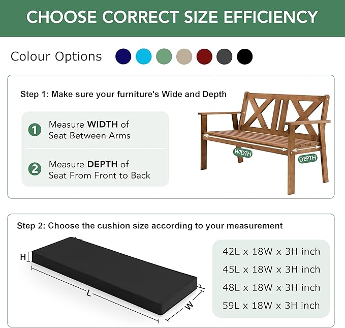 Summsun Outdoor Bench Cushion: Waterproof and Fade Resistant Patio Furniture Cushions - Non-Slip Bench Pad Cushion with Removable Cover for Garden Swing Porch Sofa Settee, 48 x 18 x 3 Inch, Black