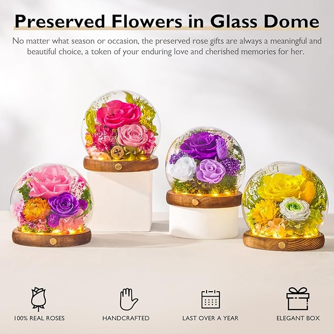 Forever Flowers for Delivery Prime, Preserved Rose in Glass Dome, Gifts for Women Birthday, Long-Lasting Flowers for Mom Wife Grandma Valentine's Day Mother's Day Christmas Anniversary, Purple