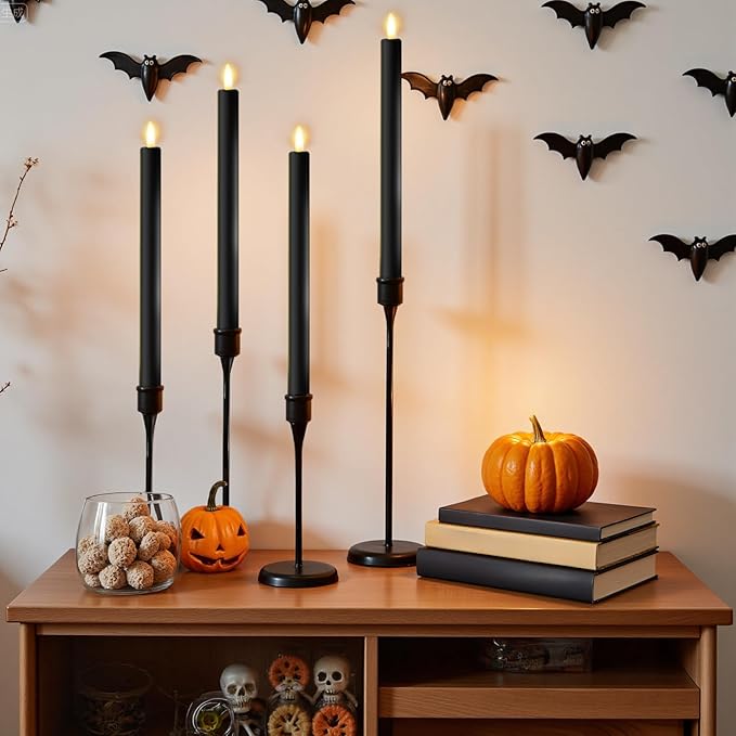 6PCS Flameless Taper Candles with 3D Flickering Flame Battery Operated Candles with 2 Remote with Button Cell Battery 10 Inch Black LED Candlesticks Window Candle for Christmas Home Decor