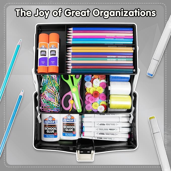 12in Three-Layer Multipurpose Storage Box Organizer Folding Tool Box/Art & Crafts Case/Sewing Supplies Organizer/Medicine Box/Family First Aid Box with 2 Trays (Black)…