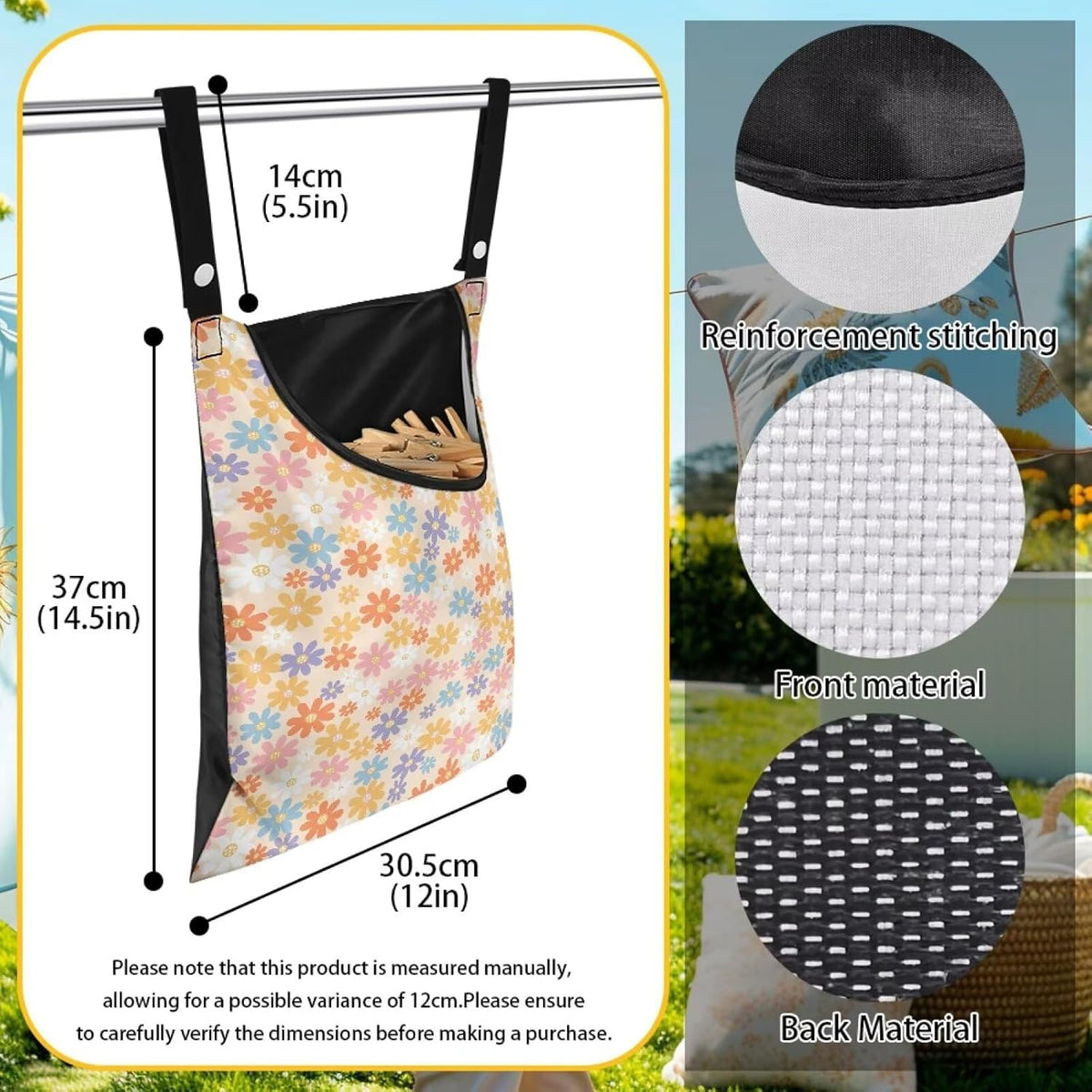 2 Pcs Flower Clothes Pin Hanging Bag, Clothespin Bag Organizer Clothes Pin Bag to Hang on Line with Large Opening Washable Clothespin Storage Bag